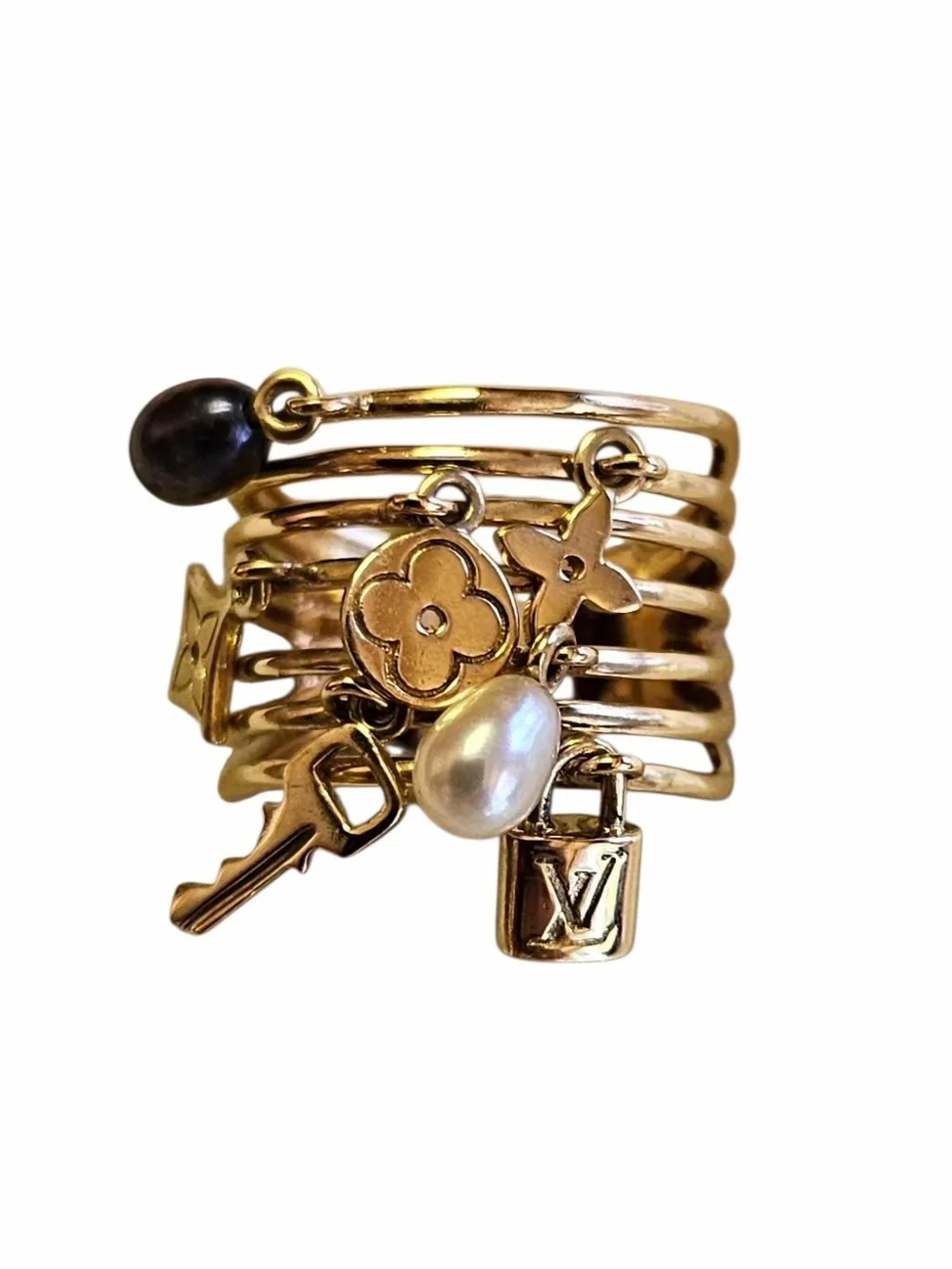 Louis Vuitton 18K Gold Monogram Charms Pearl Cocktail Ring – Size 54